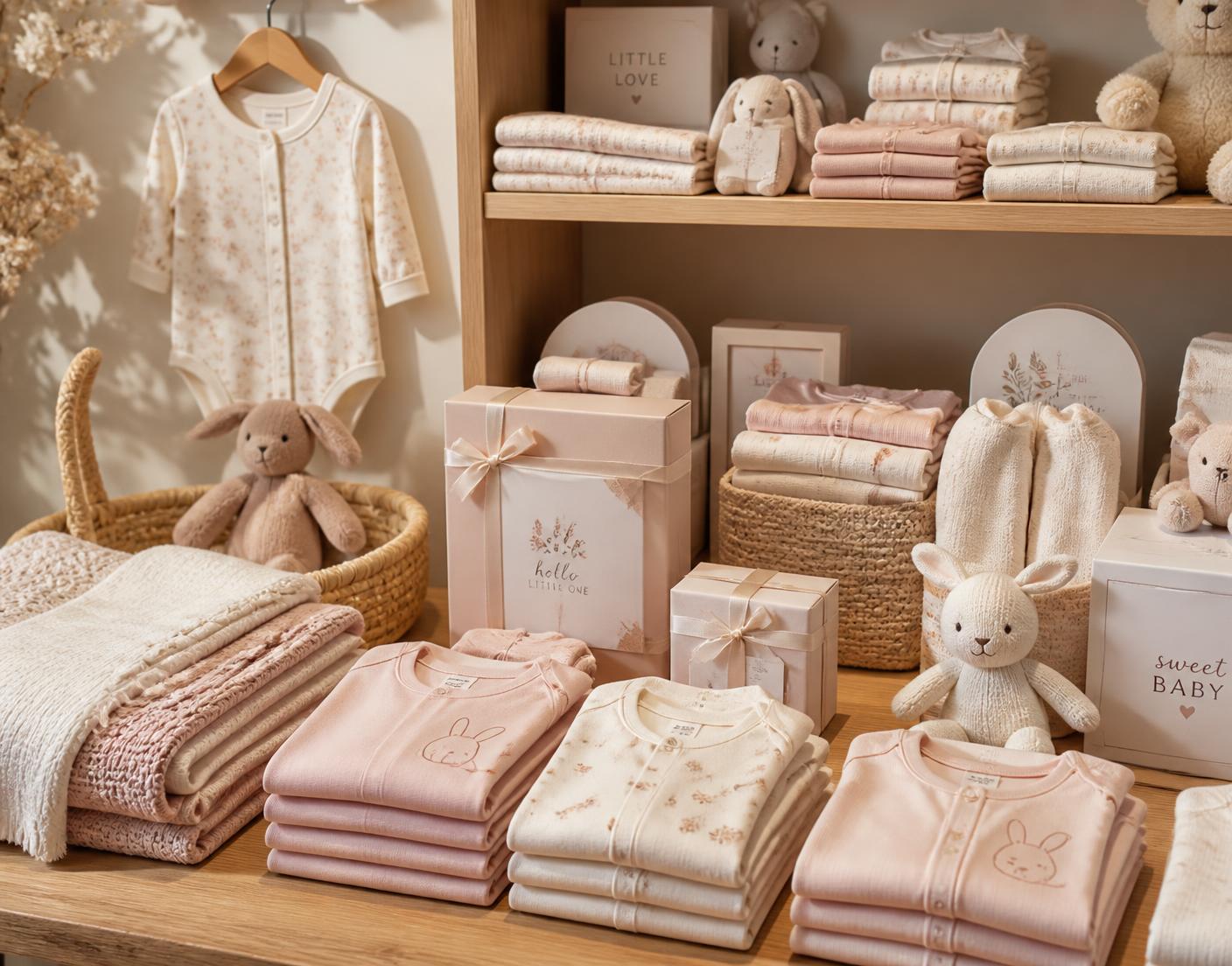 Pastel newborn clothing and keepsakes arranged in the Stork Secret baby boutique